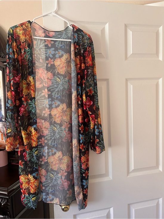 SHEIN Other - SHEIN Black Floral Mesh Swim Coverup with Yellow & Orange Hibiscus